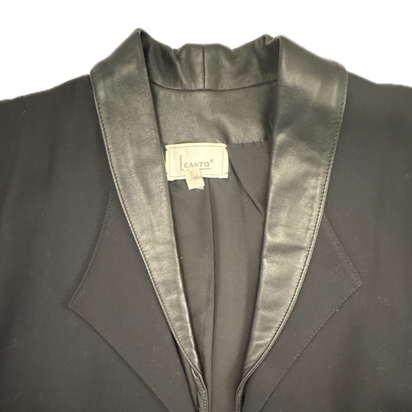 Vintage Leanto 80s Crop Blazer Tuxedo Jacket Black with Leather Detail size 5/6 - Picture 4 of 15